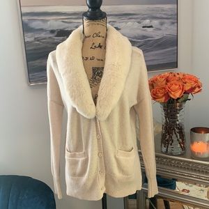 JOIE Designer Genuine Rex Rabbit Fur Cashmere Wool cardigan sweater ivory S